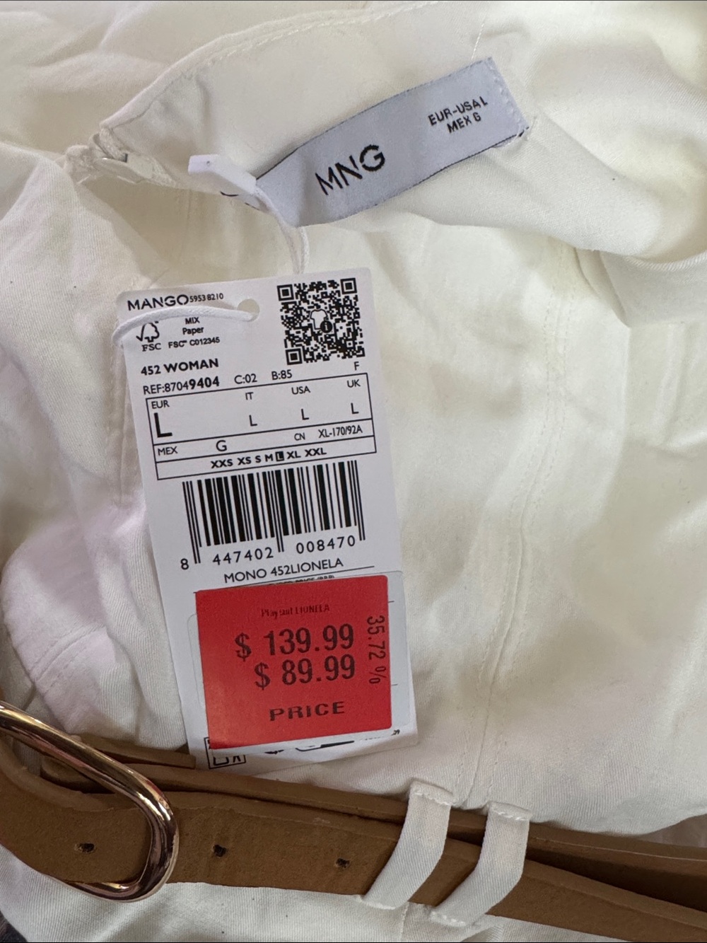Mango Off-White Sleeveless Lyocell Jumpsuit with Tan Belt - Picture 9 of 10